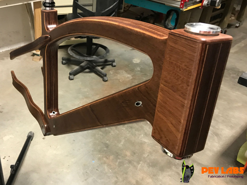 Satin Spar Varnish Over Clear Two Part Epoxy Finish on Wooden Ebike Frame Satin Finish on Wooden Ebike Frame